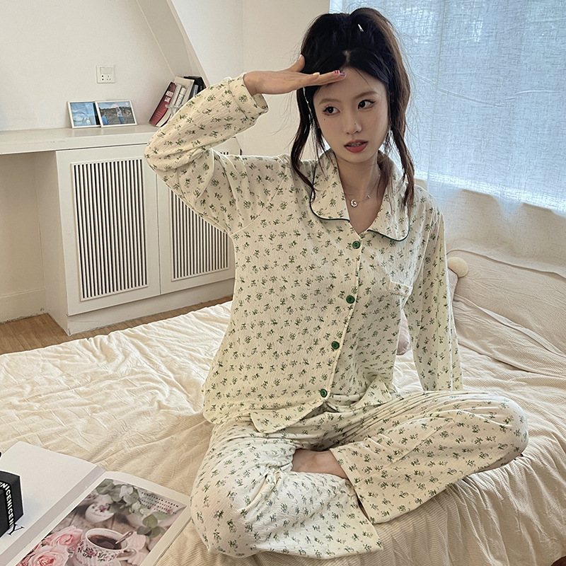 Pyjamas Långärmad Bomull Jacquard Cardigan För Hemkläder