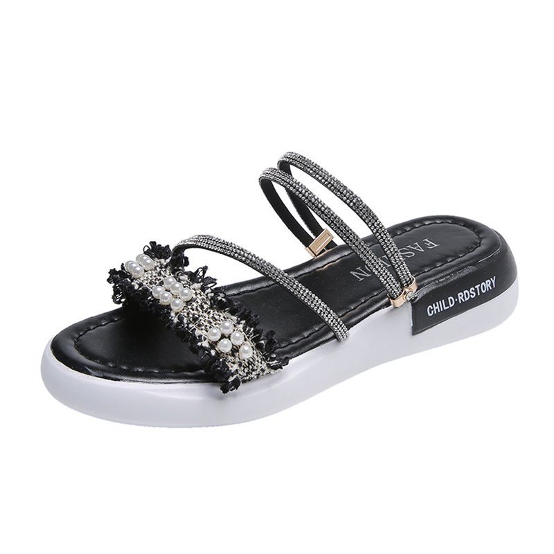 Rhinestone Sandaler Dam Platta Skor Sommar Ny Student Pärla Romerska Tofflor Tidvattnet