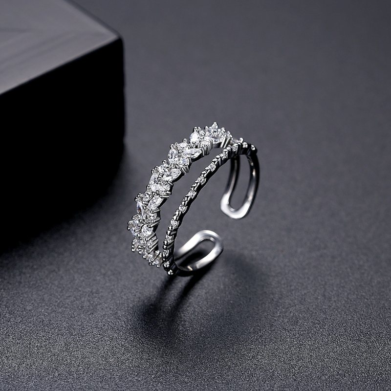 Kopparinlagd Zirkonring Öppningsring Med Dubbelrad Diamant Dubbellager Ringdesign Ring