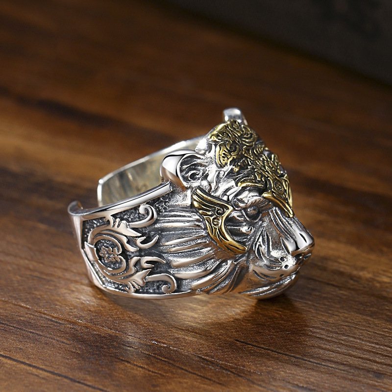 Retro 925 Silver Tiger Head Ring Man Herr Tide Live Mouth Justerbar Hip-hop Personlighet Stor Dominerande