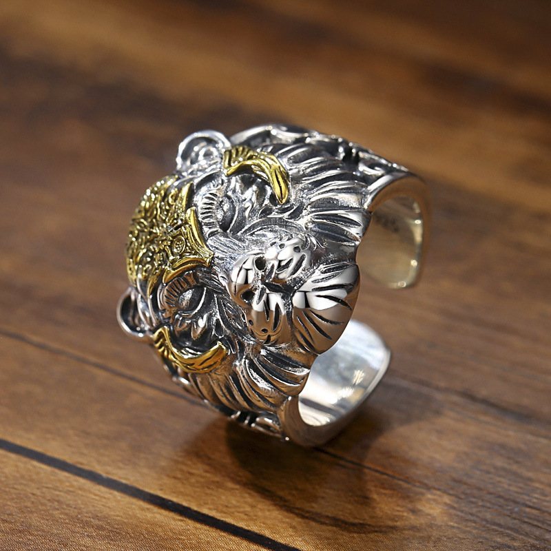 Retro 925 Silver Tiger Head Ring Man Herr Tide Live Mouth Justerbar Hip-hop Personlighet Stor Dominerande