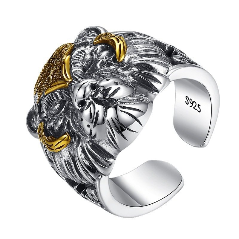 Retro 925 Silver Tiger Head Ring Man Herr Tide Live Mouth Justerbar Hip-hop Personlighet Stor Dominerande