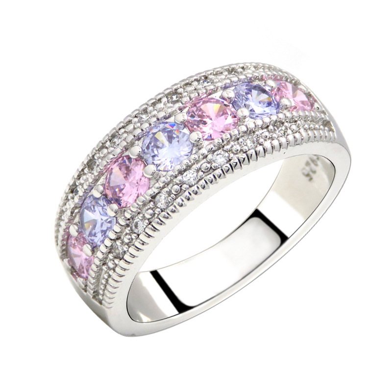 Rosa Diamant Dam Vigselring High-end Mikroinlagd Färg Zirkon Ring Cross-spegel Kreativa Hand Smycken