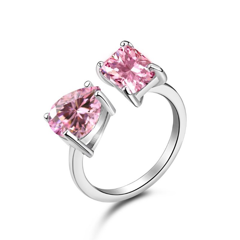 S925 Sterling Silver Ring Kvinnlig Vattendroppe Mode Rad Med Diamanter Söt Persika Hjärta Temperament Fyrkantig Diamant Rosa Högkolhaltig Diamantring