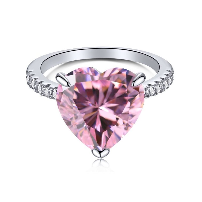 S925 Sterling Silver Ring Kvinnlig Vattendroppe Mode Rad Med Diamanter Söt Persika Hjärta Temperament Fyrkantig Diamant Rosa Högkolhaltig Diamantring