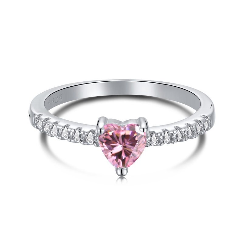 S925 Sterling Silver Ring Kvinnlig Vattendroppe Mode Rad Med Diamanter Söt Persika Hjärta Temperament Fyrkantig Diamant Rosa Högkolhaltig Diamantring