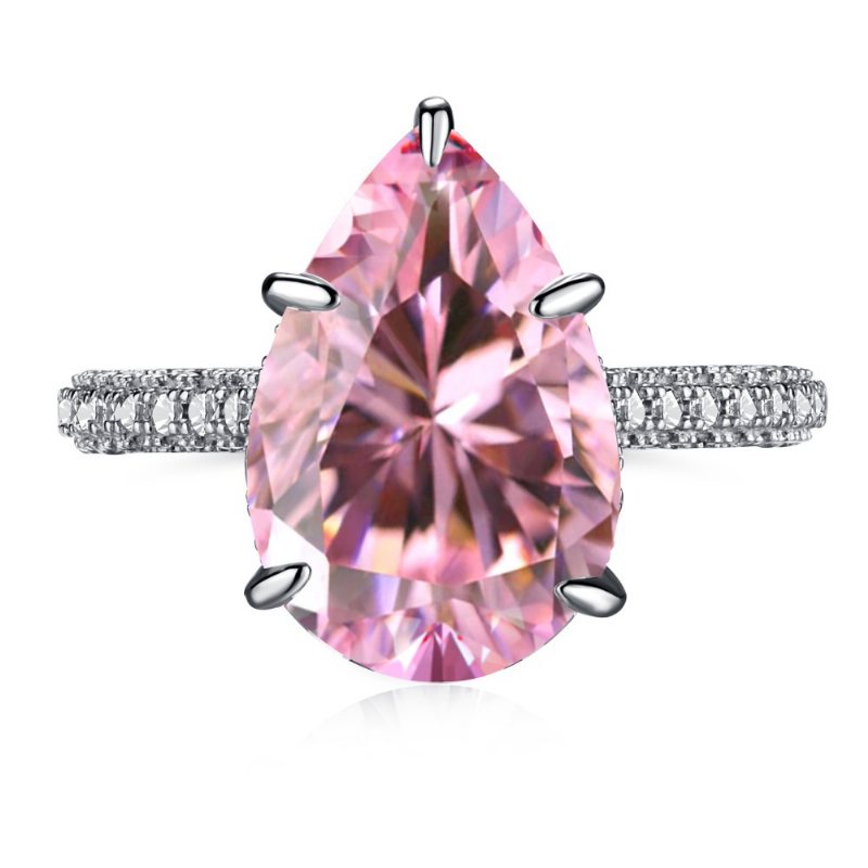 S925 Sterling Silver Ring Kvinnlig Vattendroppe Mode Rad Med Diamanter Söt Persika Hjärta Temperament Fyrkantig Diamant Rosa Högkolhaltig Diamantring