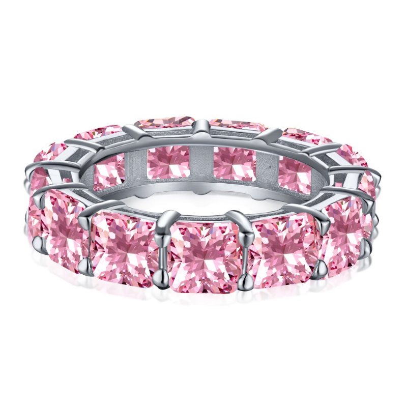 S925 Sterling Silver Ring Kvinnlig Vattendroppe Mode Rad Med Diamanter Söt Persika Hjärta Temperament Fyrkantig Diamant Rosa Högkolhaltig Diamantring