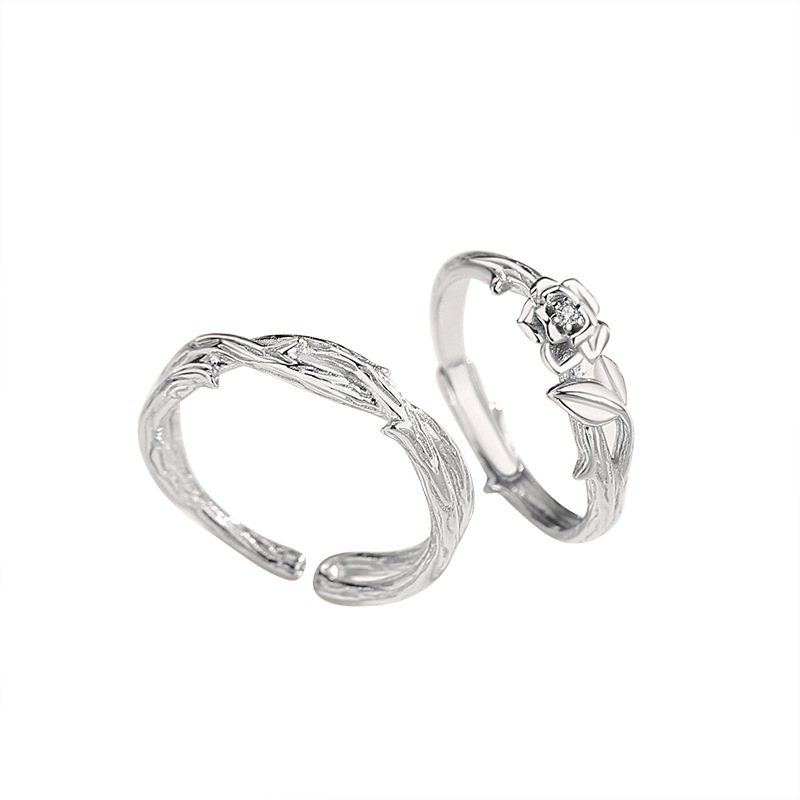 Thorn Rose Par Ringar Ett Par 925 Silver Retro Gammal Design Par Ring Öppen Present