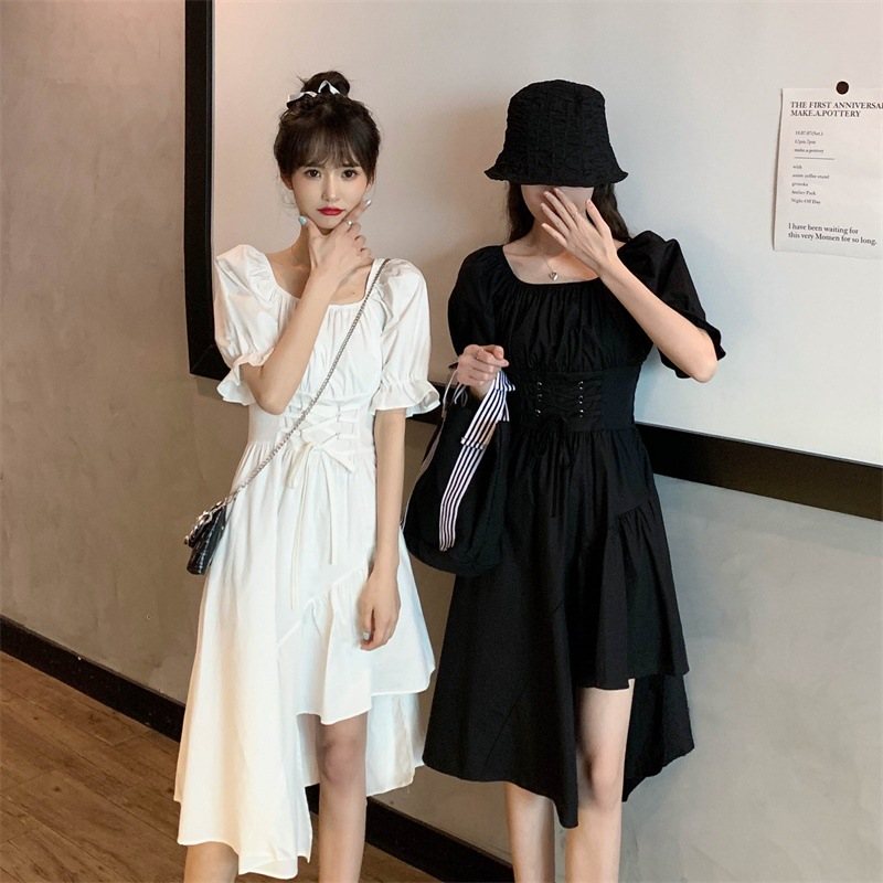 Irregular Puff Sleeve Dress Women 2024 Sweet Waist