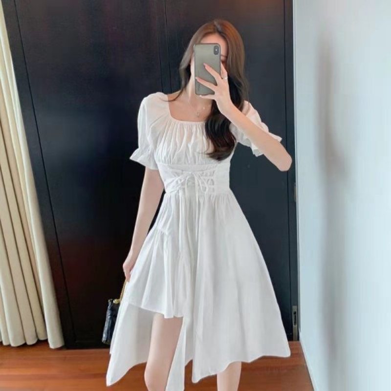 Irregular Puff Sleeve Dress Women 2024 Sweet Waist