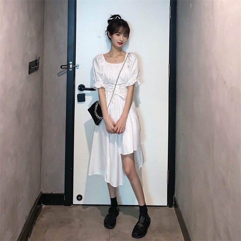 Irregular Puff Sleeve Dress Women 2024 Sweet Waist