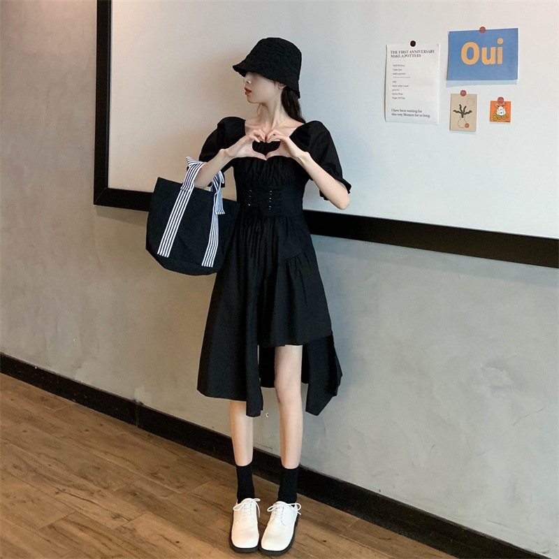 Irregular Puff Sleeve Dress Women 2024 Sweet Waist