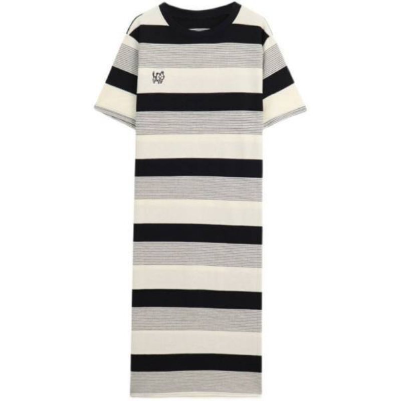 Stripes Side Slit Kortärmad Klänning 2024 Casual Rund Neck Kontrastfärg