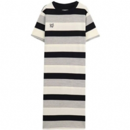 Stripes Side Slit Kortärmad Klänning 2024 Casual Rund Neck Kontrastfärg