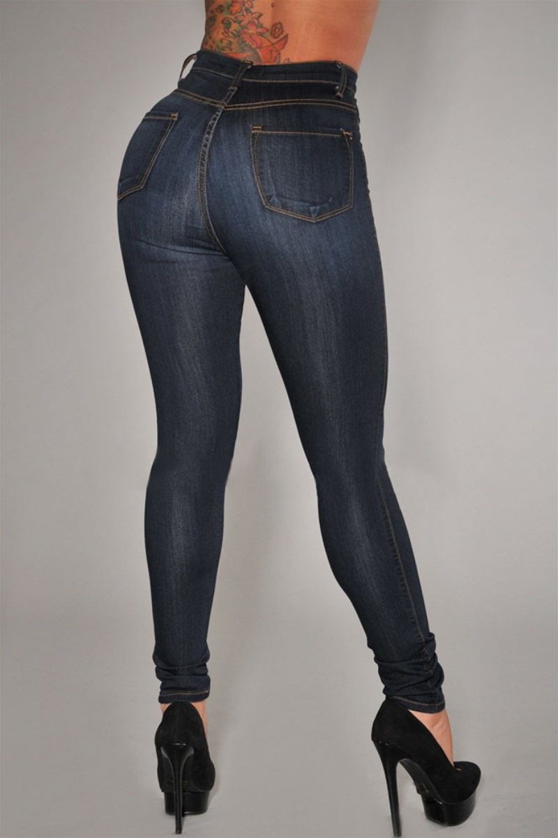 Damer Casual Byxor Hög Midja Stretch Slim Fit Denim