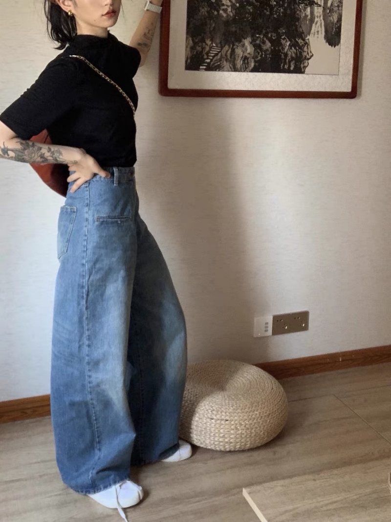 Damjeans Retro Hög Midja Casual Raka Breda Ben Lösa