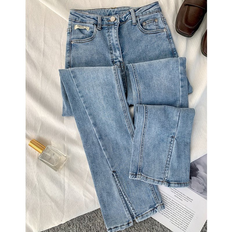 Damjeans Retro Hög Midja Rak Slim Fit Elastiska Slit Flared Byxor