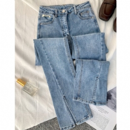 Damjeans Retro Hög Midja Rak Slim Fit Elastiska Slit Flared Byxor