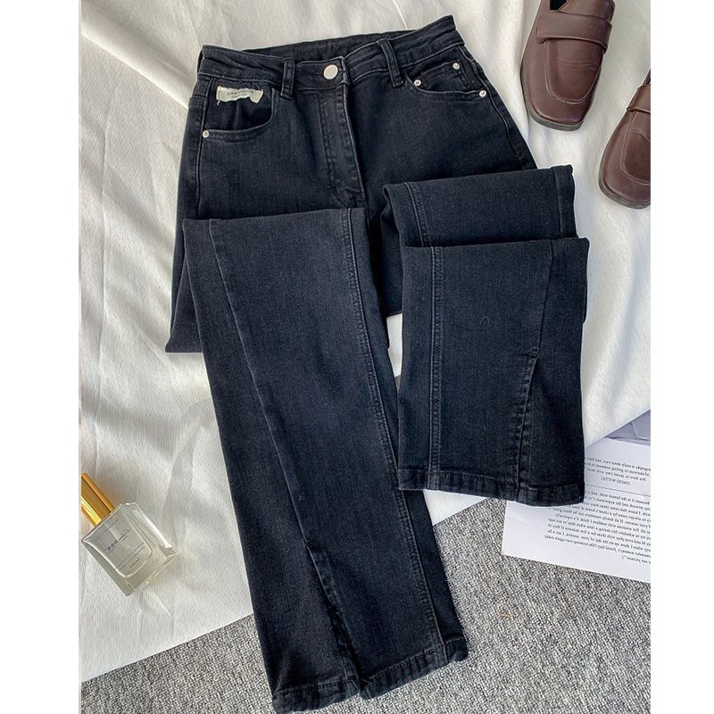 Damjeans Retro Hög Midja Rak Slim Fit Elastiska Slit Flared Byxor