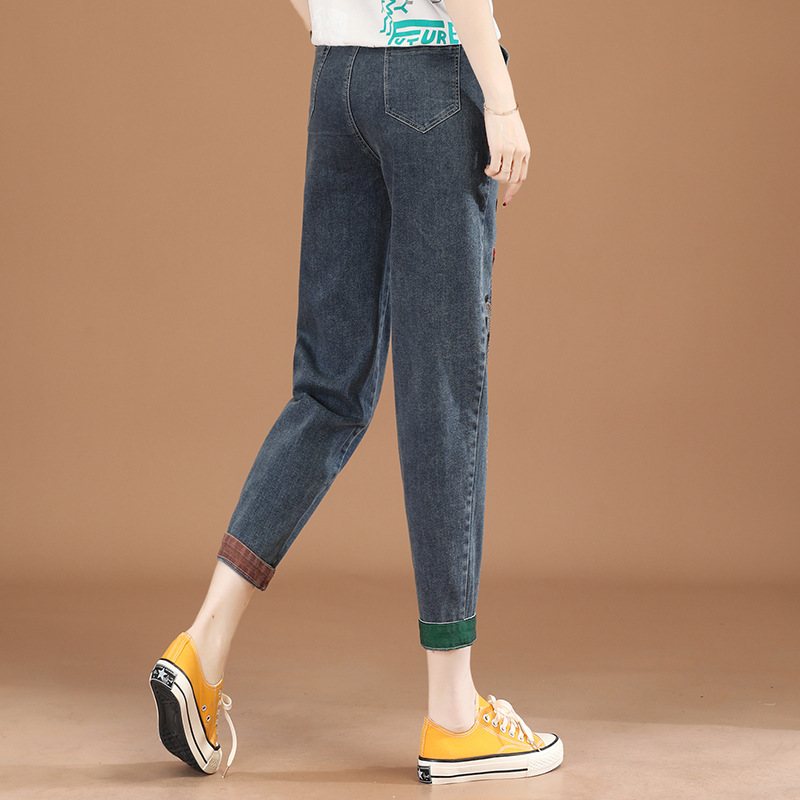 Elastisk Midja Broderade Cropped Jeans Dam Casual