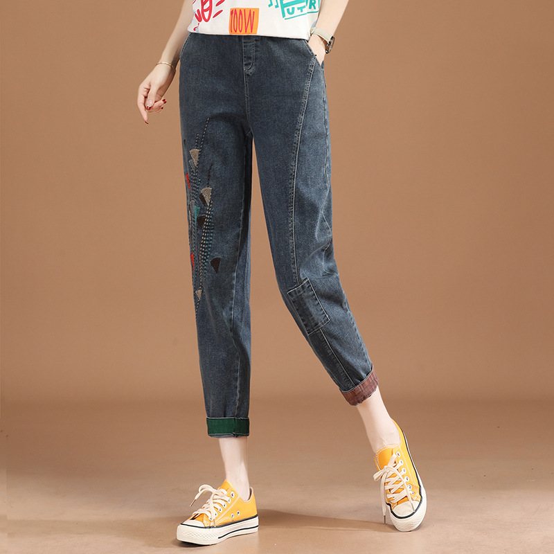 Elastisk Midja Broderade Cropped Jeans Dam Casual