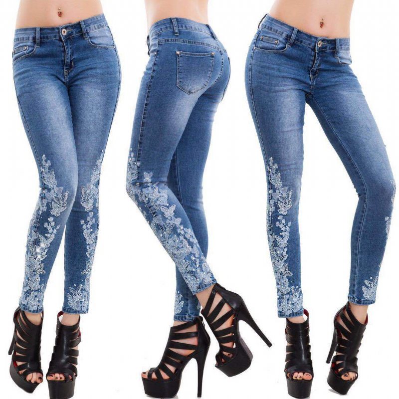 High Stretch Skinny Jeans Dam Broderade Slim Blue