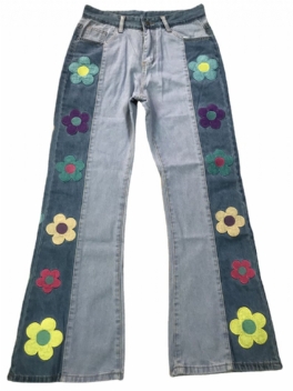 Jeans För Kvinnor Colorblock Sidobroderi Blommor Hög Midja Bootcut Byxor