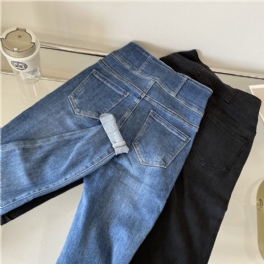 Jeans Med Hög Midja Dam Små Fötter Höftlyftande Magkontroll Slim Tre Spänne Tight