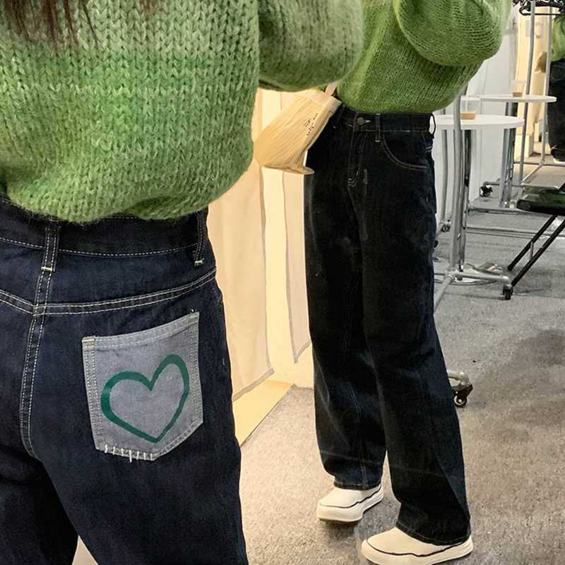 Kvinnors Hög Midja Raka Jeans Hjärtficka Mörkblå Lös Bred Ben