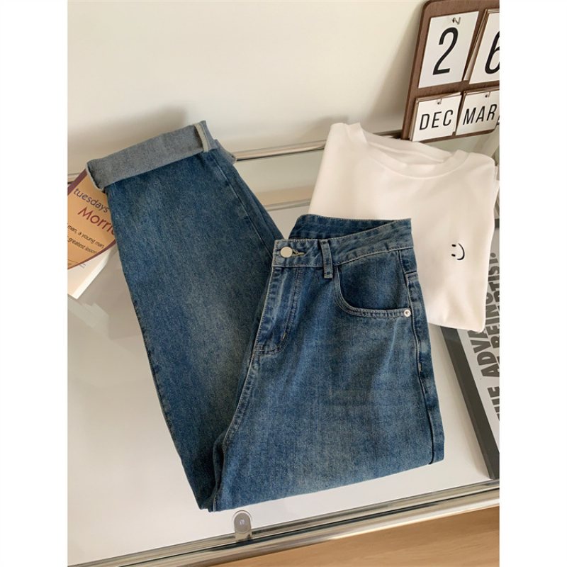 Kvinnors Lösa Casual Raka Jeans Denim