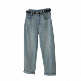 Ljus Färg Lös Raka Byxor Dam Stretch Denim Casual