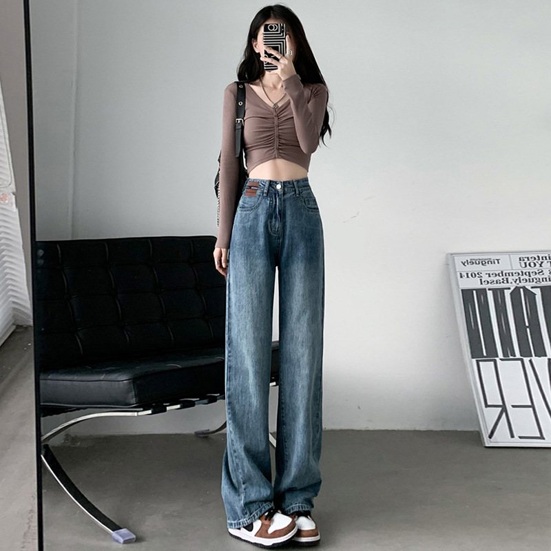 Retro Wide Leg Jeans Dam Lösa Rak Trendiga