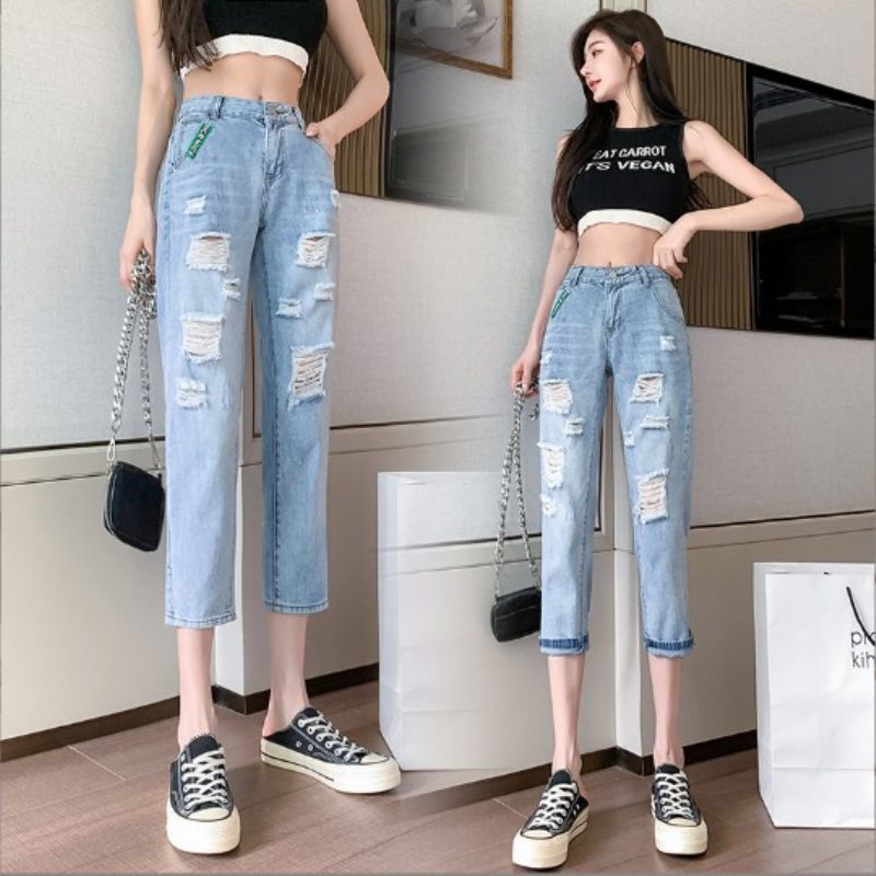 Rippade Jeans Dam Ljus Färg Rak Lös Crop