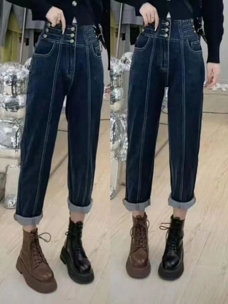 Treknäppta Jeans Med Hög Midja Dam Lösa