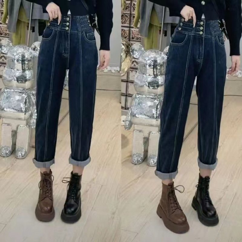 Treknäppta Jeans Med Hög Midja Dam Lösa