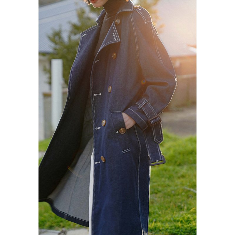 Retro Denim Trenchcoat För Kvinnor 2024 Lång Kappa Trend