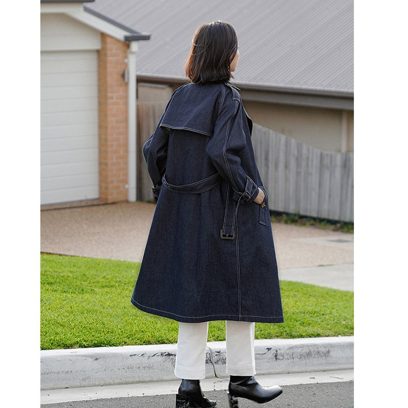 Retro Denim Trenchcoat För Kvinnor 2024 Lång Kappa Trend