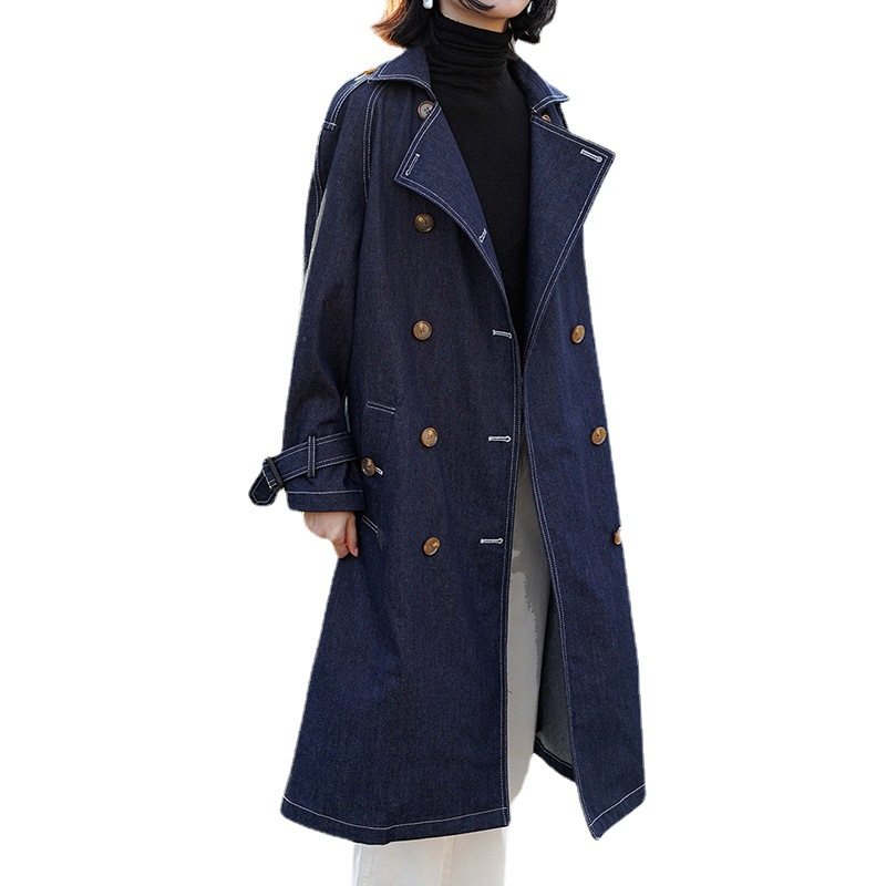 Retro Denim Trenchcoat För Kvinnor 2024 Lång Kappa Trend