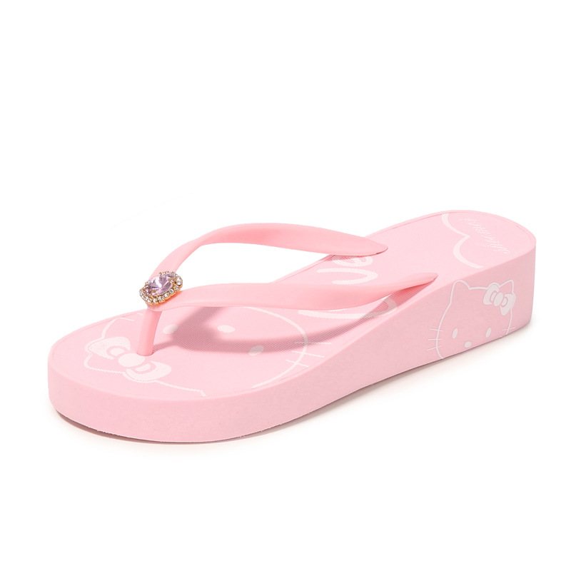 2024 Kreativa Nya Kvinnors Hello Kitty Söta Flip Flops Med Mellanklackat Strass Sommar Sandaler Tofflor Skor