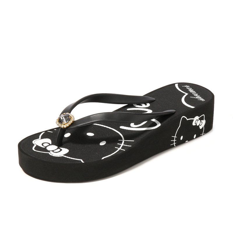 2024 Kreativa Nya Kvinnors Hello Kitty Söta Flip Flops Med Mellanklackat Strass Sommar Sandaler Tofflor Skor