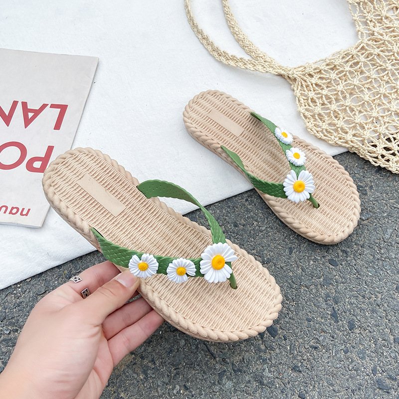 2024 Ny Blomma Sommar Flip-flops Skor Kvinnor Slitstarka Dam Platta Sandaler Tofflor Strand