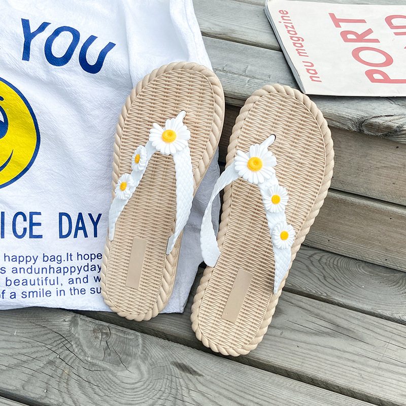 2024 Ny Blomma Sommar Flip-flops Skor Kvinnor Slitstarka Dam Platta Sandaler Tofflor Strand