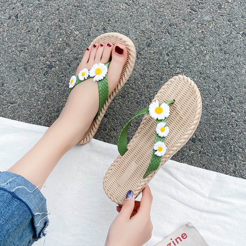 2024 Ny Blomma Sommar Flip-flops Skor Kvinnor Slitstarka Dam Platta Sandaler Tofflor Strand