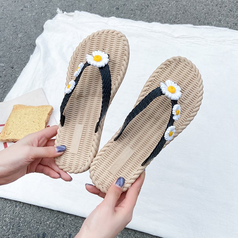 2024 Ny Blomma Sommar Flip-flops Skor Kvinnor Slitstarka Dam Platta Sandaler Tofflor Strand