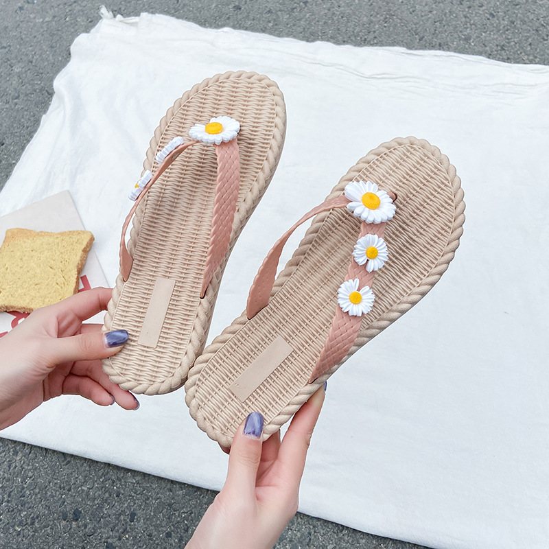 2024 Ny Blomma Sommar Flip-flops Skor Kvinnor Slitstarka Dam Platta Sandaler Tofflor Strand