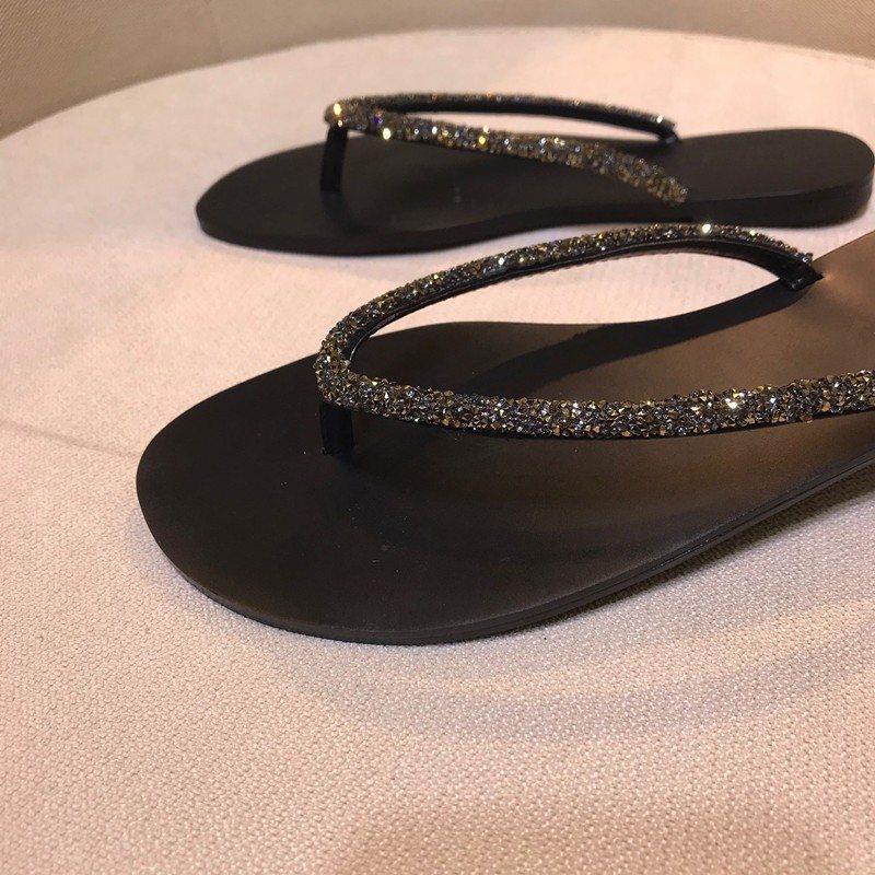 2024 Sommar Nytt Mode Strass Flip Flops Platta Stringtrosor Sandaler Tofflor Skor Stora Kvinnor