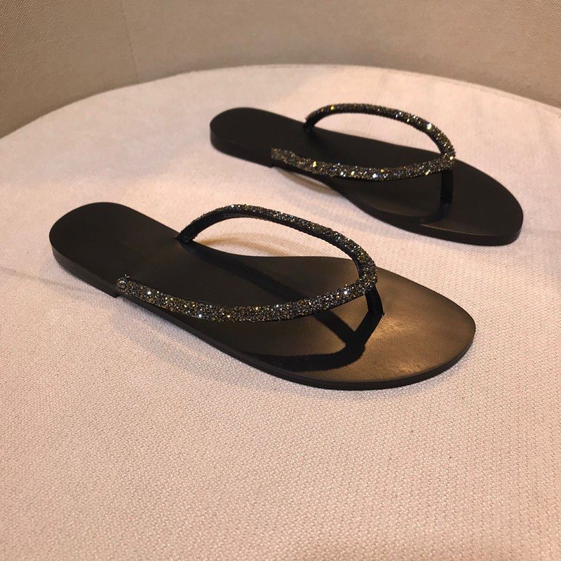 2024 Sommar Nytt Mode Strass Flip Flops Platta Stringtrosor Sandaler Tofflor Skor Stora Kvinnor