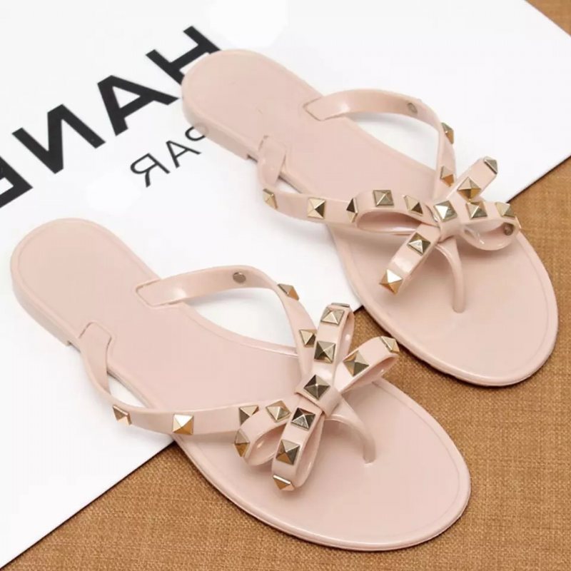 Ny Stil Nitskor Bowknot Flip Flops Sommarstrand Platt Transparent Gelékristall Tofflor Kvinnor