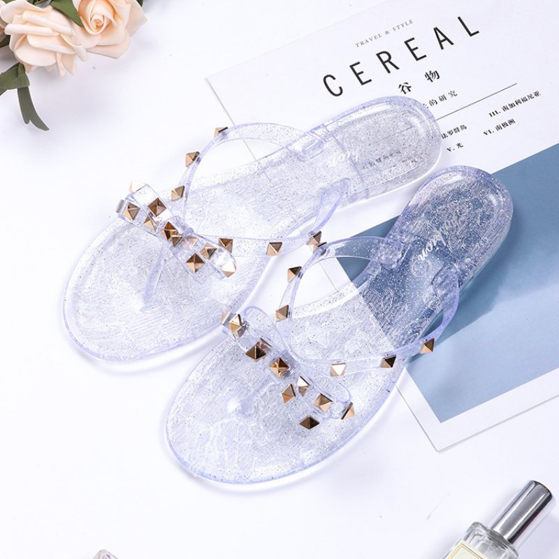 Ny Stil Nitskor Bowknot Flip Flops Sommarstrand Platt Transparent Gelékristall Tofflor Kvinnor